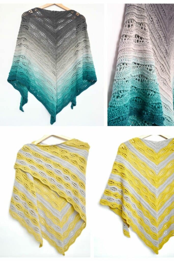 Kalinda Shawl crochet pattern color variations – teal and grey gradient version and yellow striped version by MyCrochetory.