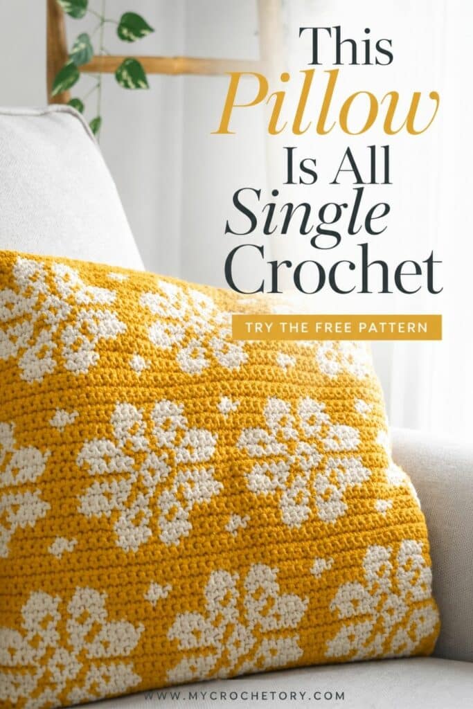 	Pin image for the free Dahlia crochet pillow pattern with intarsia chart