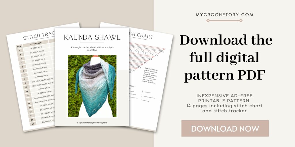 Kalinda Shawl crochet pattern PDF banner with stitch chart and tracker – MyCrochetory.