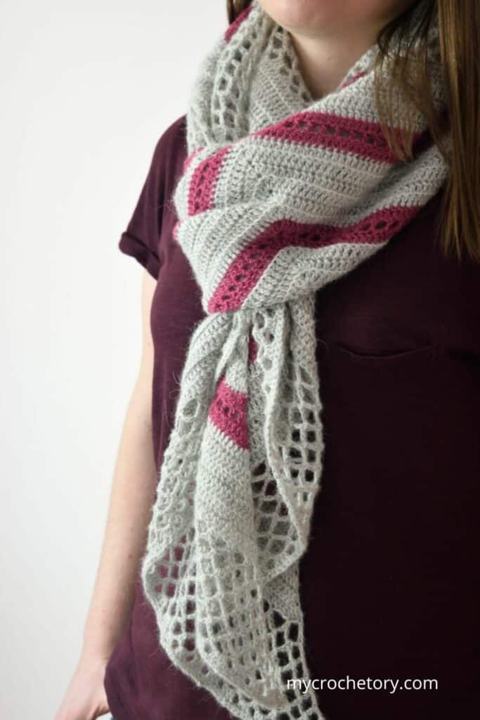 Close-up of the Spring Solstice Wrap worn wrapped around the neck
