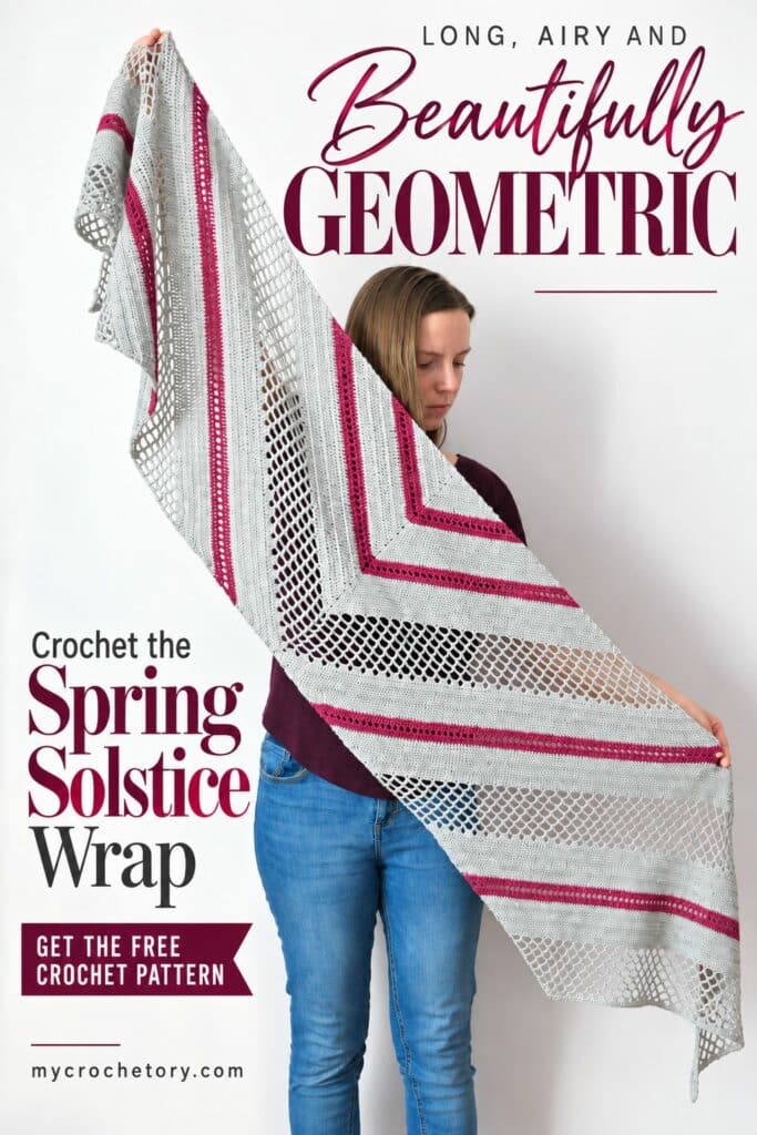 Pinterest pin for the Spring Solstice Wrap trapezoid shawl crochet pattern