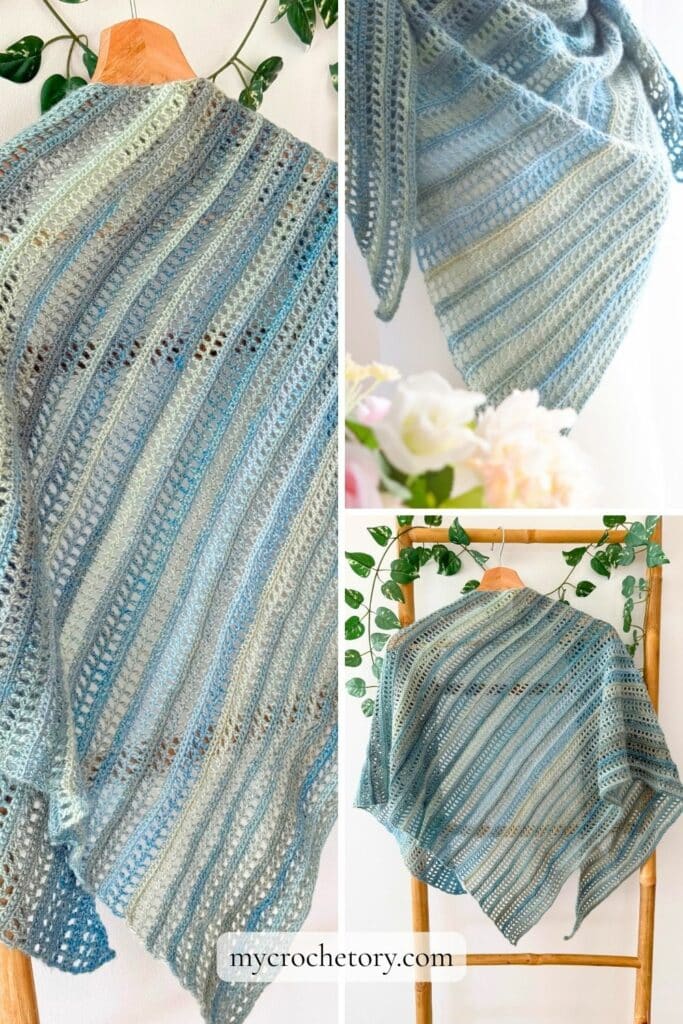Simple crochet shawl pattern pin: Aprilis shawl on a wooden hanger, close-ups of the stripes and peonies, free pattern