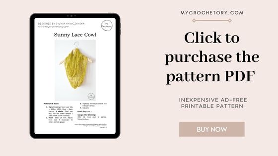 Sunny Lace Cowl ad-free crochet pattern PDF shown on a tablet, button to buy the printable pattern