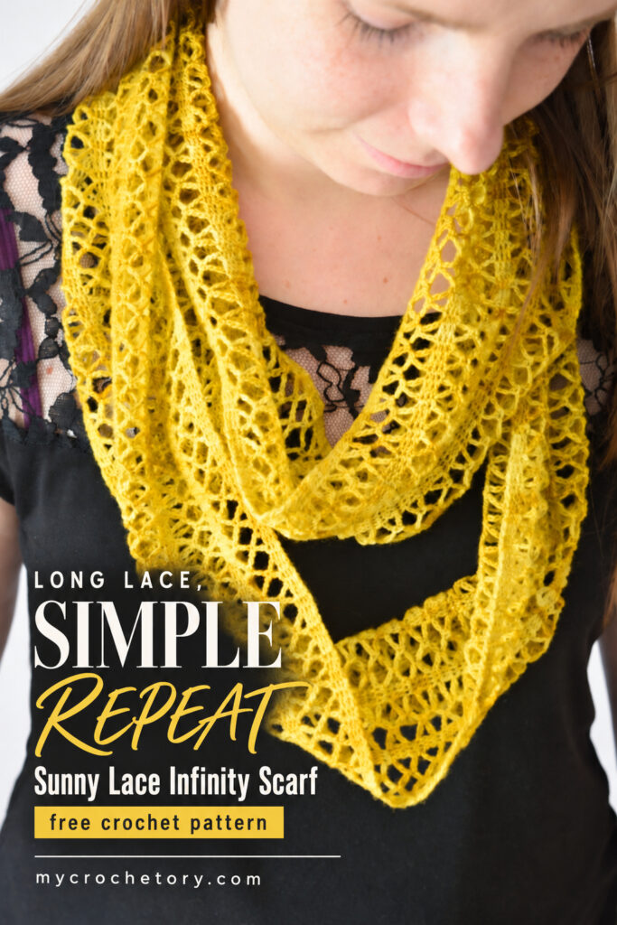 Long lace, simple repeat pin with the Sunny Lace infinity scarf, a free crochet lace cowl pattern in ochre