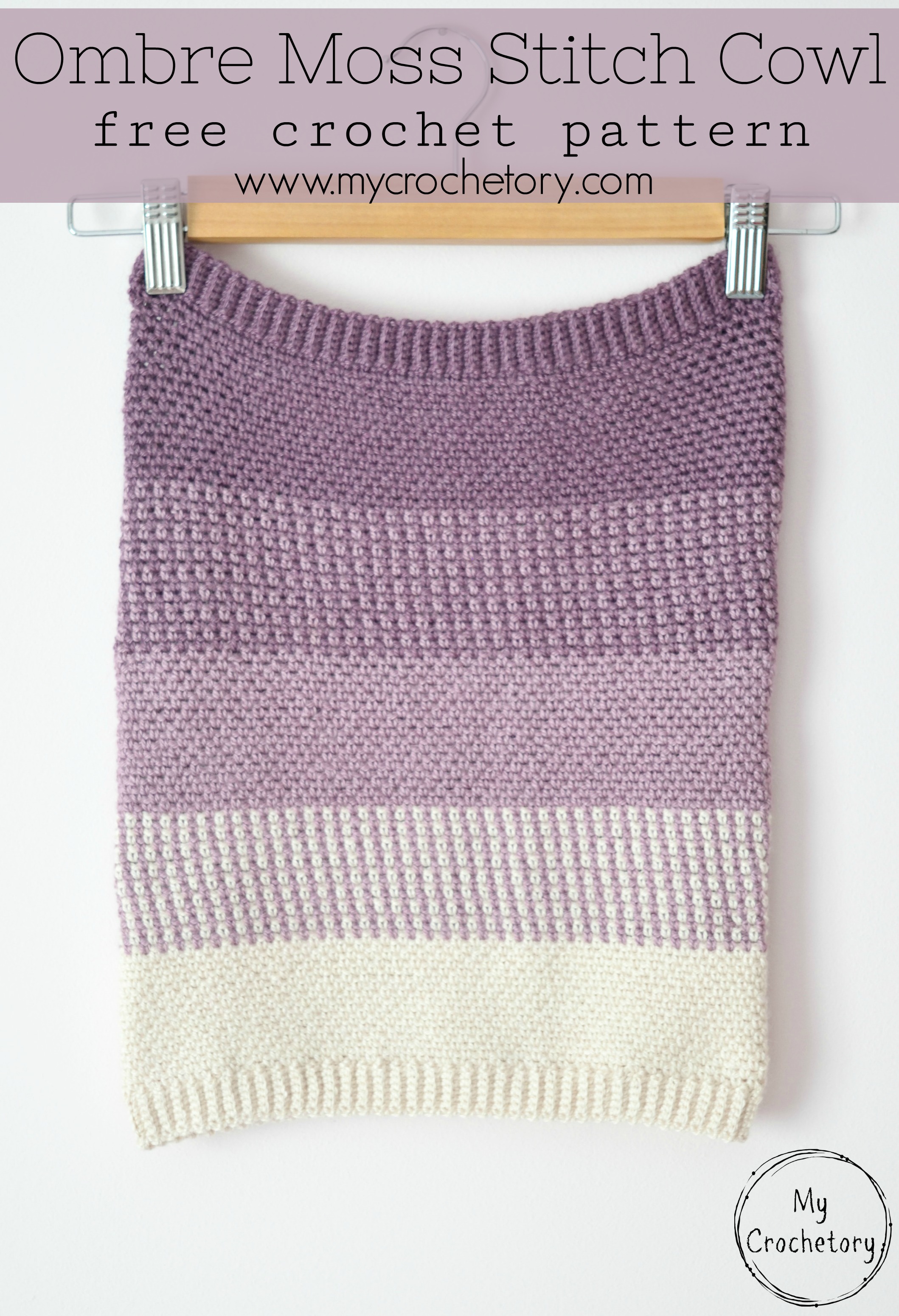 Ombre Moss Stitch Cowl in three shades of purple and cream