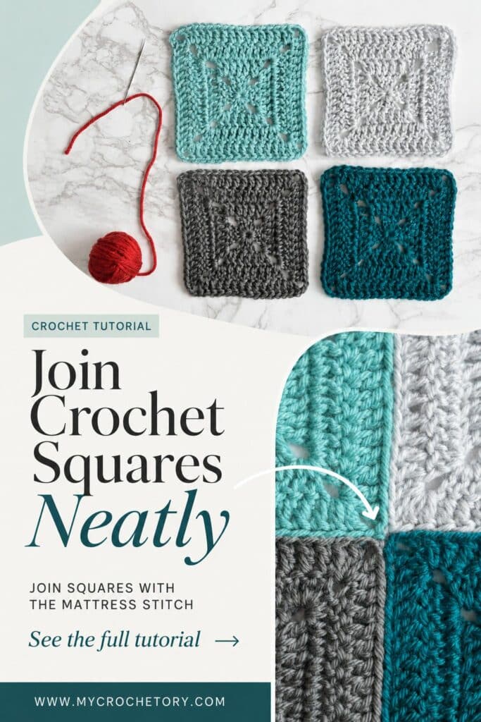 Step by step crochet tutorial showing how to join granny squares with mattress stitch for flat invisible seams