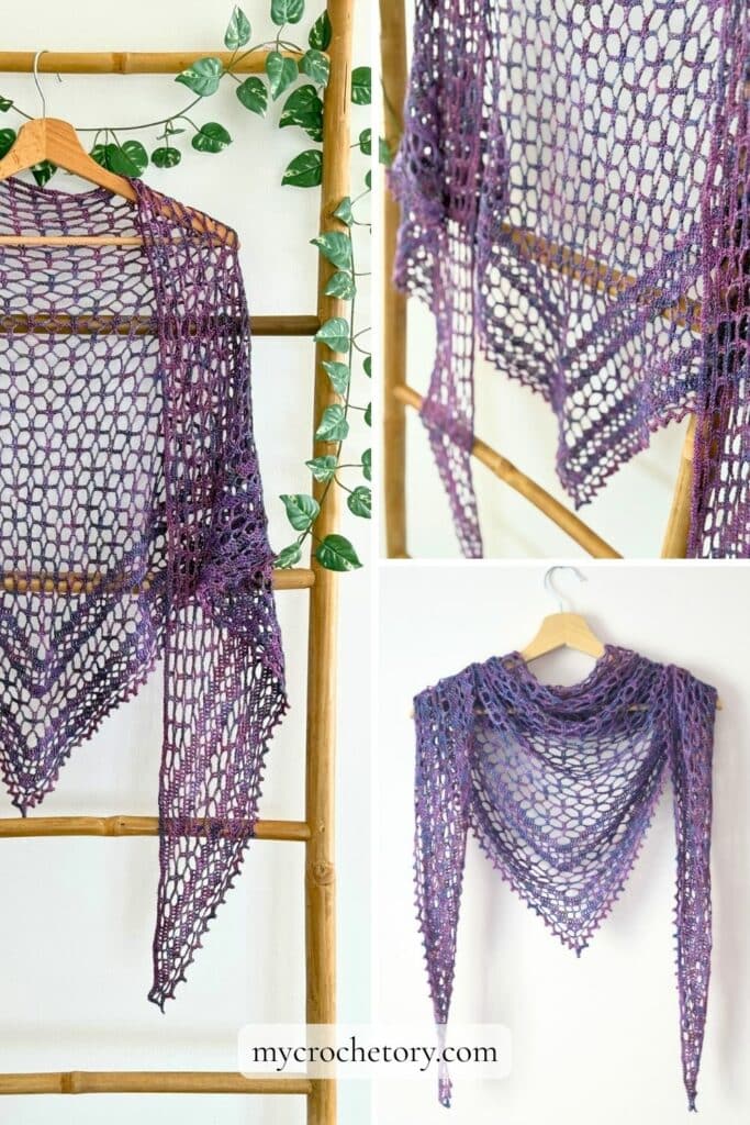 Three-panel collage showing the Nightfall crochet lace shawl draped on a wooden ladder, close-up of the lace edging, and the shawl styled on a hanger. Purple open-lace fabric with a V-shaped border.