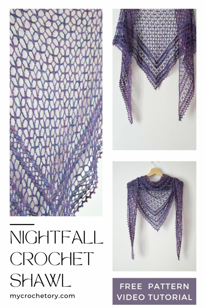 Collage featuring the Nightfall crochet lace shawl in purple yarn, showing a close-up of the open lace stitch pattern, the full triangular shawl with long tapered ends, and the shawl draped on a hanger. Text on the graphic reads “Nightfall Crochet Shawl” and “Free Pattern Video Tutorial,” with mycrochetory.com at the bottom.