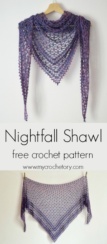 Nightfall Shawl - elegant crochet lace shawl. Free crochet pattern by www.mycrochetory.com