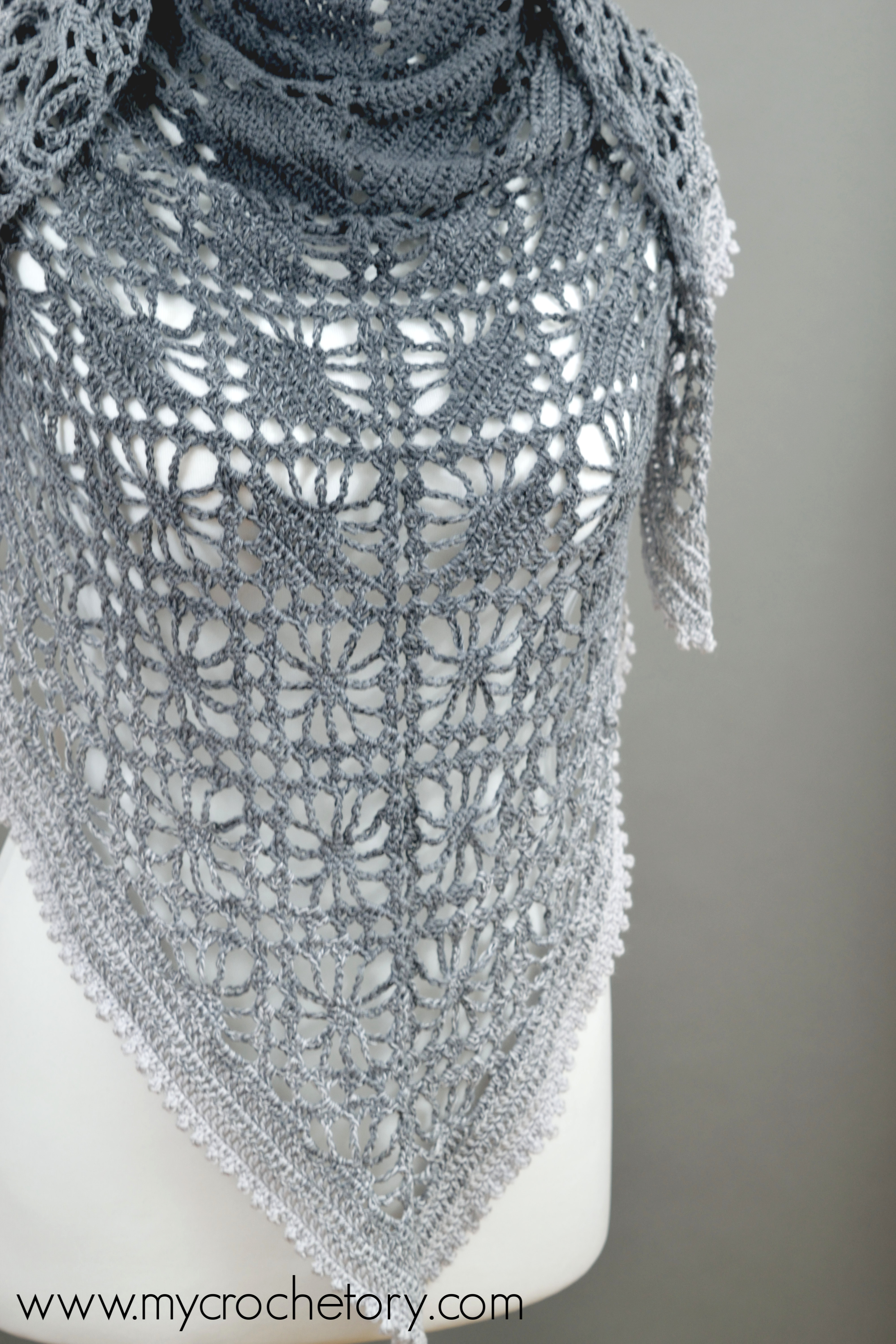 Leto diamond lace crochet shawl in a dark to light gray gradient