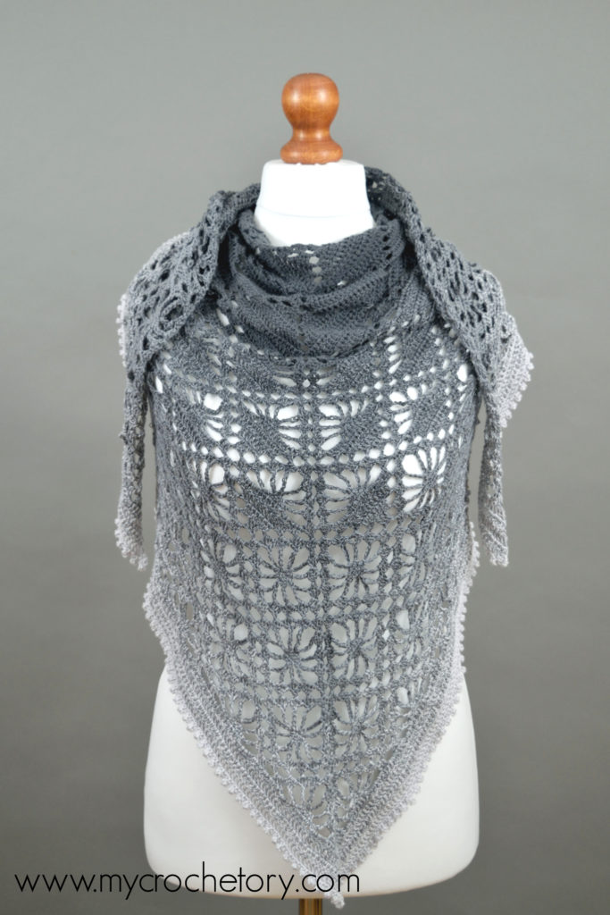 Leto Shawl - Crochet pattern using gradient yarn, showcasing delicate lace design."