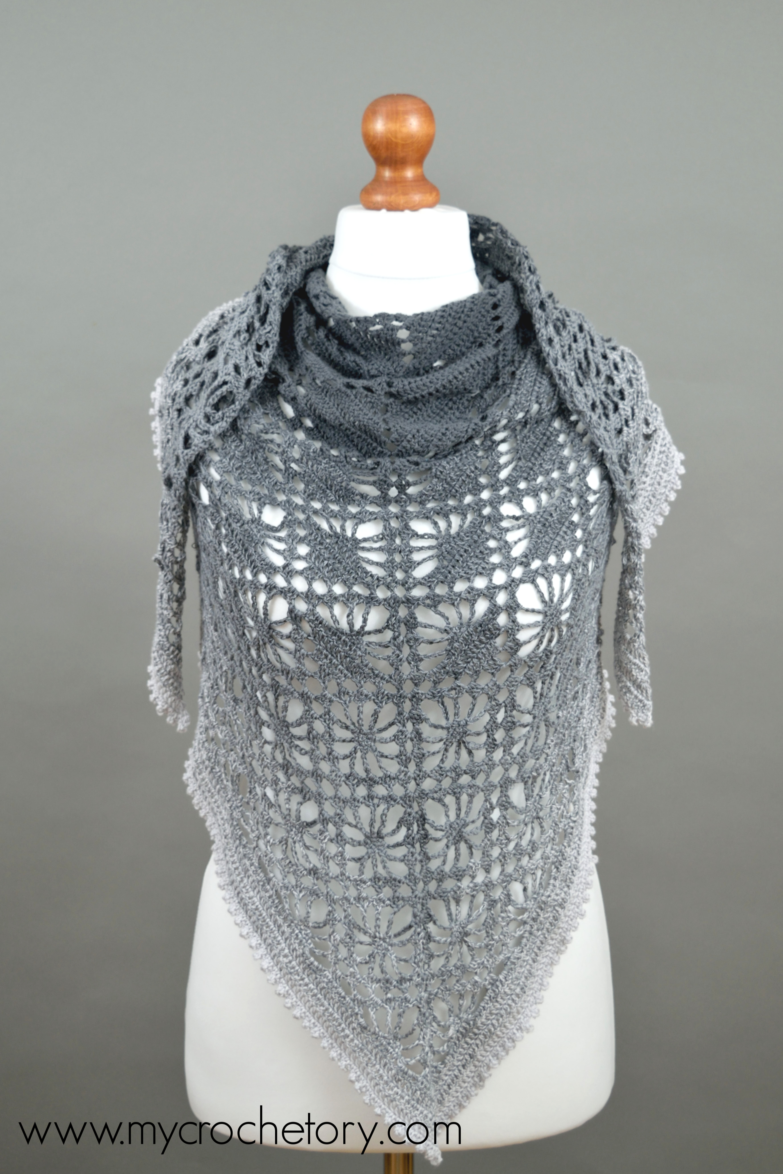 Blocked Leto picot edge crochet shawl draped on a mannequin