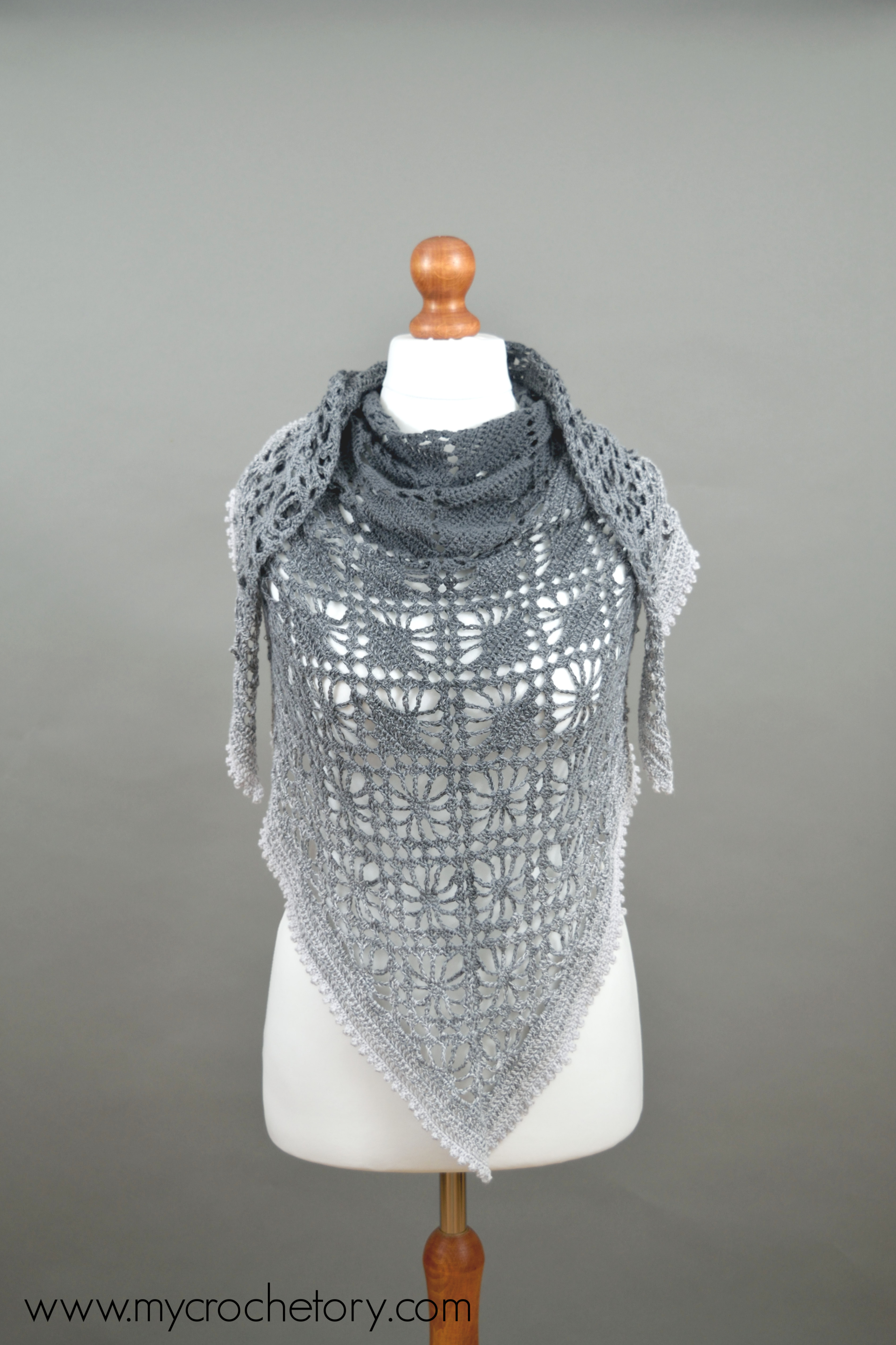 Gray gradient Leto Shawl with rows of diamond lace
