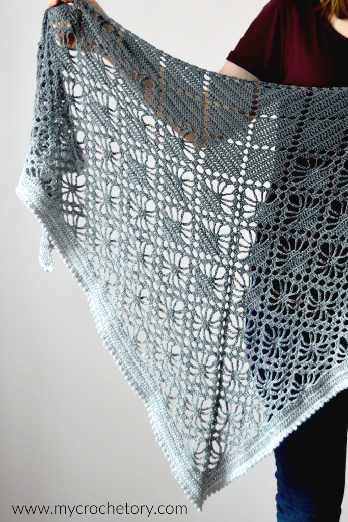 Leto Shawl - Crochet pattern using gradient yarn, showcasing delicate lace design."