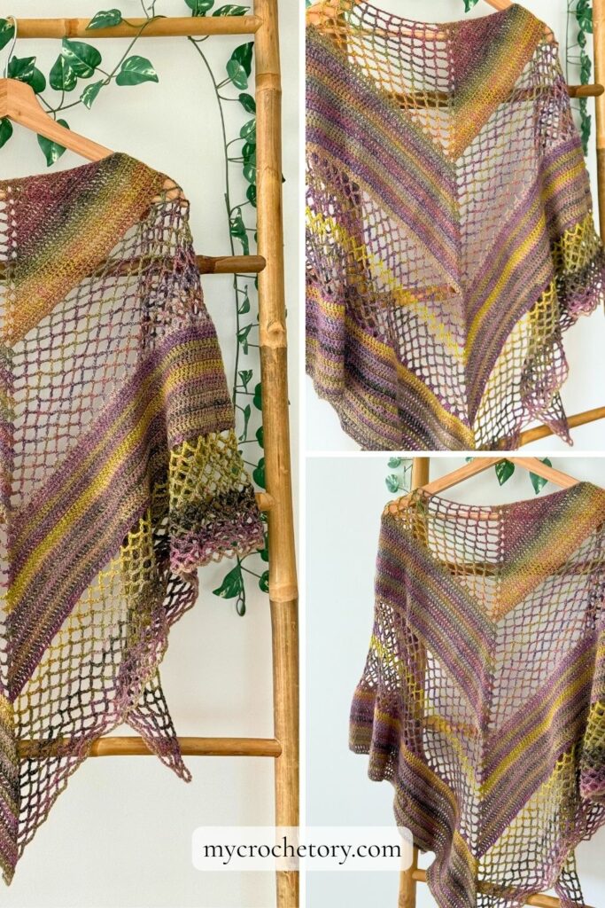 Crochet mesh shawl pattern pin: three photos of the Flores Shawl