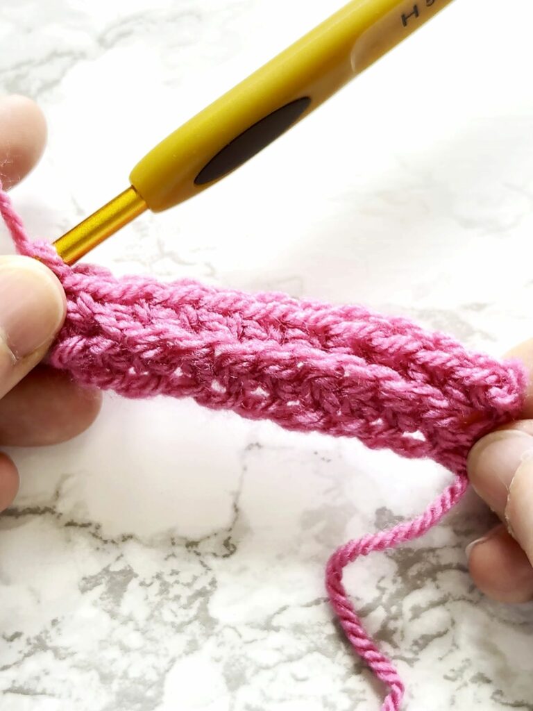Two completed rows of back loop single crochet ribbing with visible vertical crochet texture