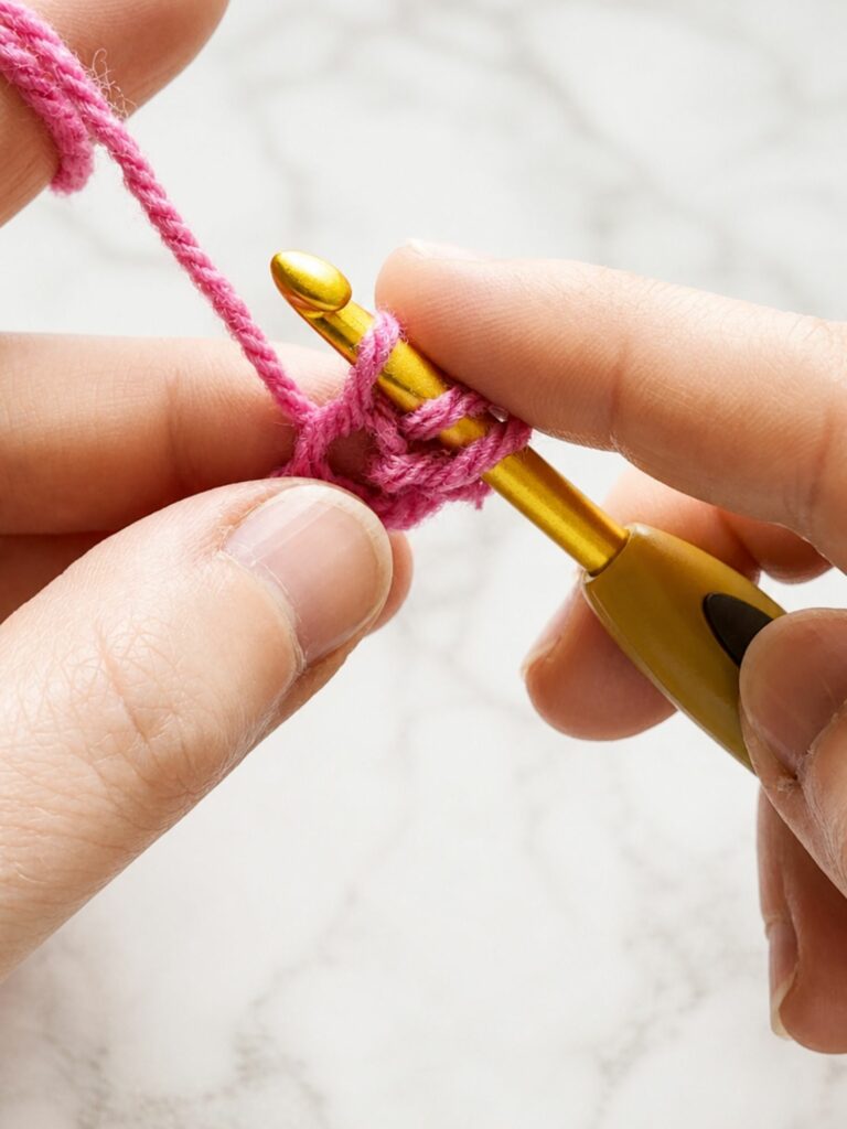 Three loops on the crochet hook while working the first yarn over slip stitch in stretchy crochet ribbing