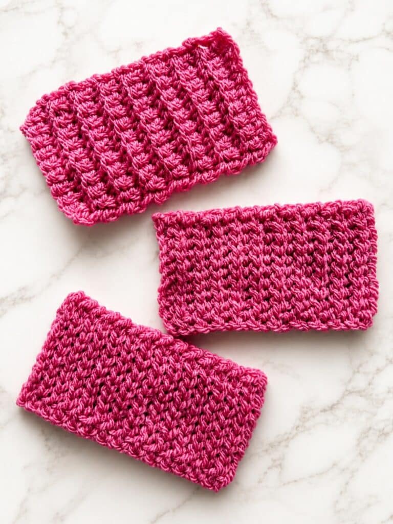 Comparison of 3 crochet ribbing methods including back loop single crochet ribbing, yarn over slip stitch ribbing, and slip stitch ribbing