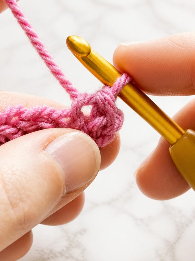 Completed first yarn over slip stitch in a crochet ribbing tutorial using pink yarn
