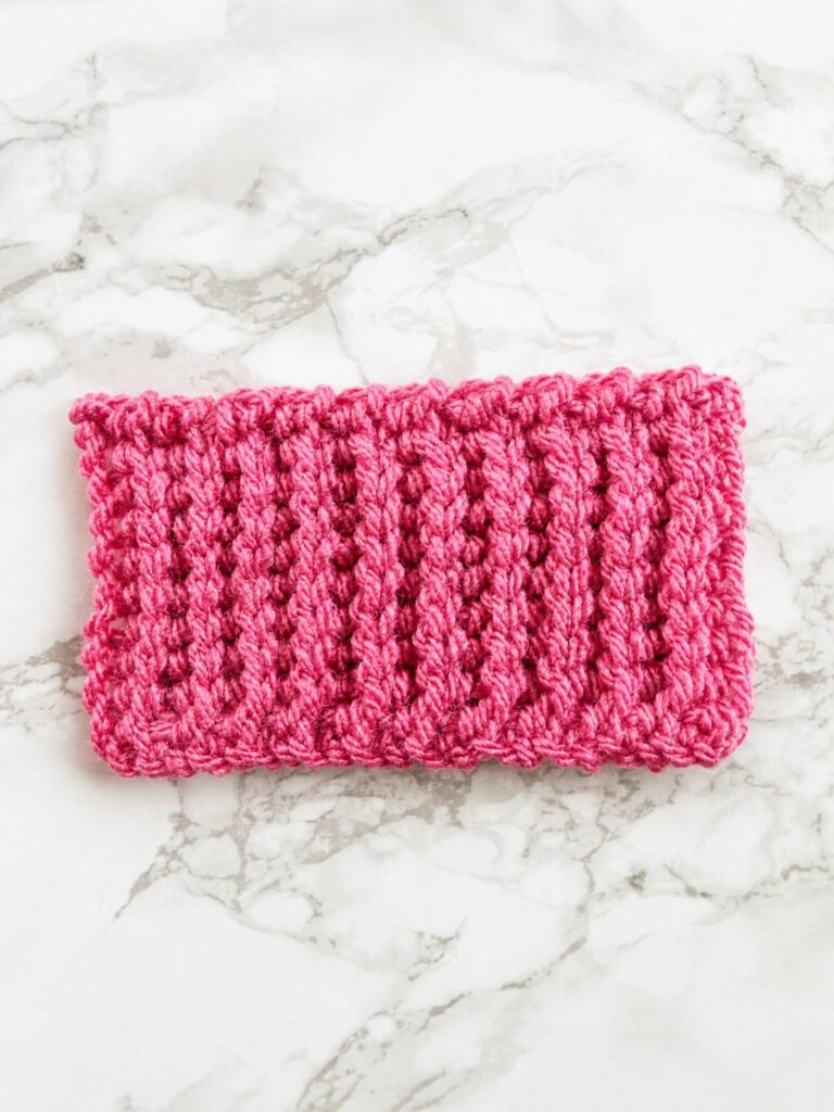 Yarn over slip stitch crochet ribbing swatch with smooth stretchy knit like crochet texture