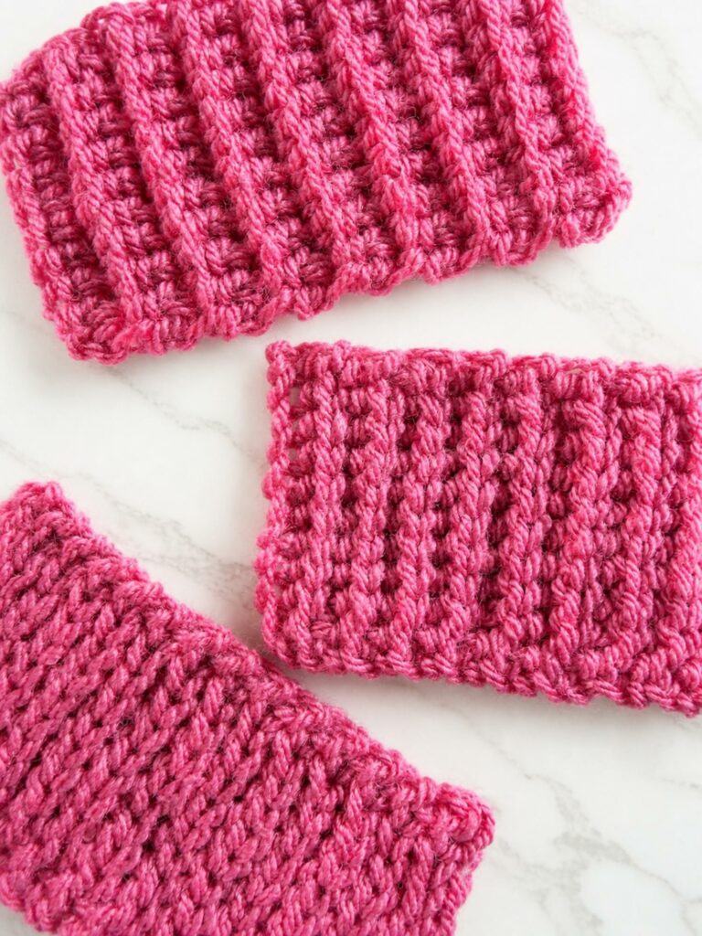 Side by side comparison of crochet ribbing techniques showing the difference between back loop single crochet, yarn over slip stitch, and slip stitch ribbing
