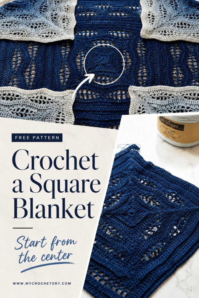 Crochet a square blanket starting from the center, free Kalinda Blanket pattern pin with a close-up of the navy center