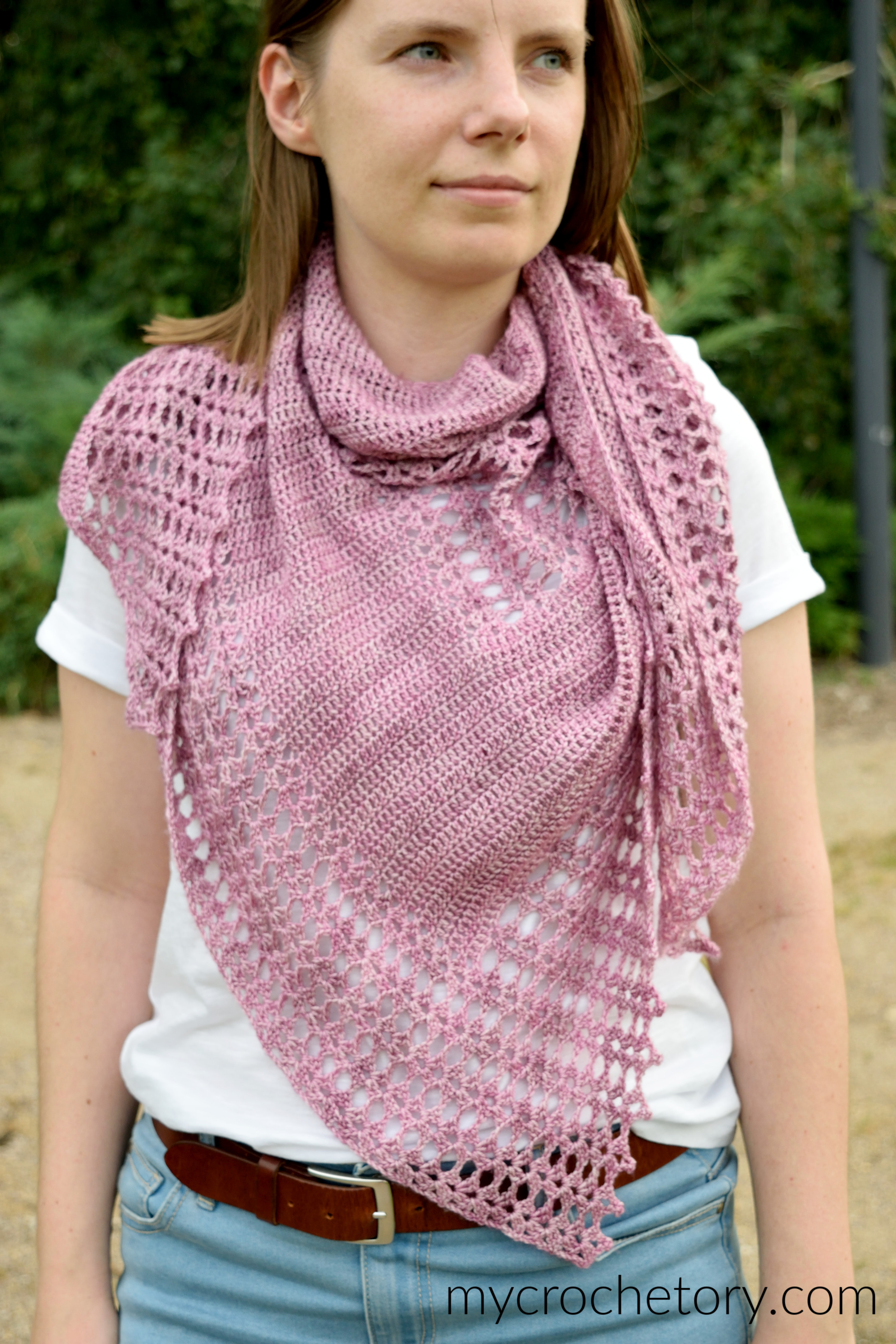 Pink Despina shawl worn around the neck like a scarf