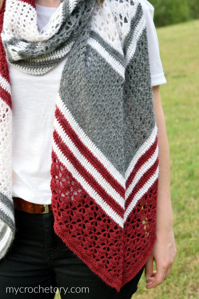 Arrow Crochet Wrap - Pointy end and V-shaped design for versatile wear. Free rectangular crochet shawl pattern.