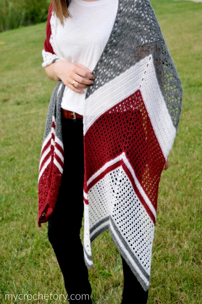 Arrow Crochet Wrap - Pointy end and V-shaped design for versatile wear. Free rectangular crochet shawl pattern.