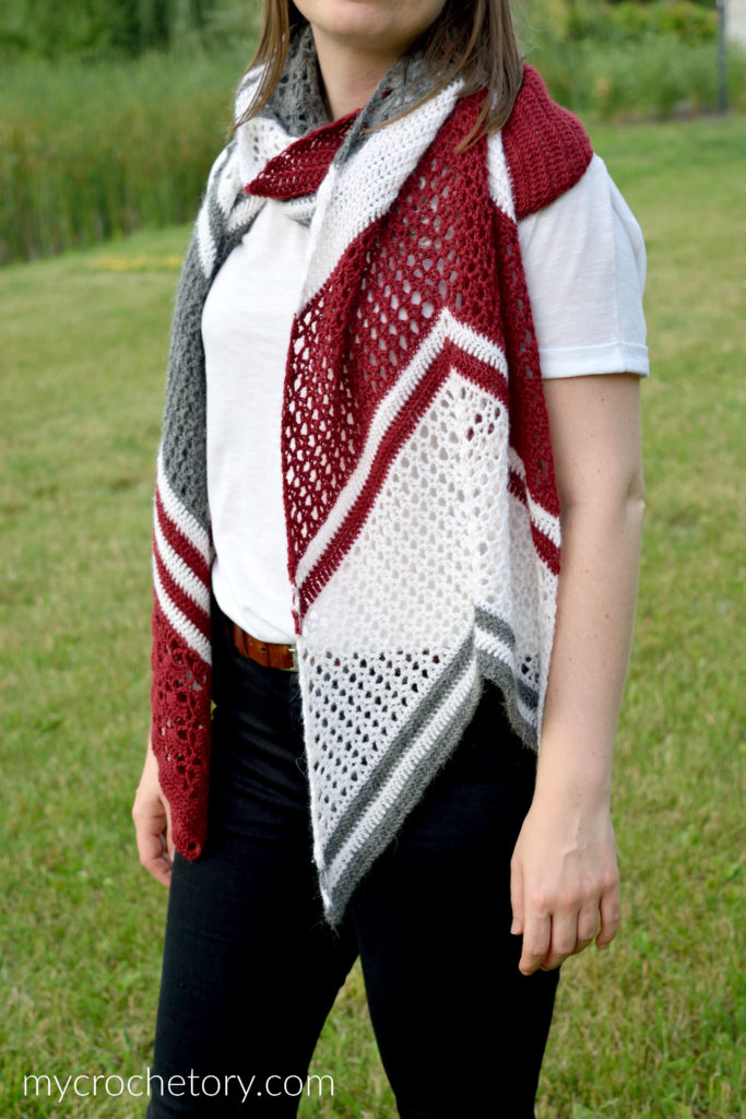 Arrow Crochet Wrap - Pointy end and V-shaped design for versatile wear. Free rectangular crochet shawl pattern.
