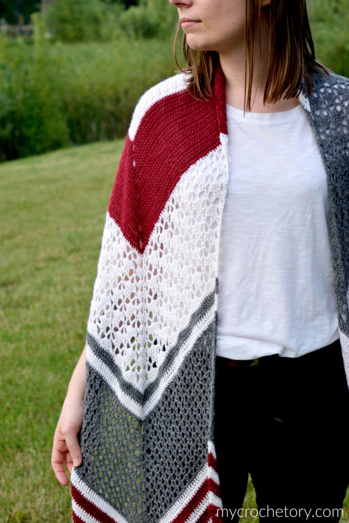 Arrow Crochet Wrap - Pointy end and V-shaped design for versatile wear. Free rectangular crochet shawl pattern.