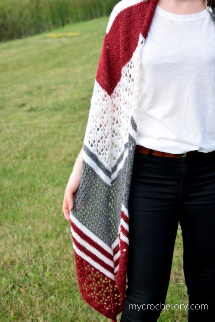 Arrow Crochet Wrap - Pointy end and V-shaped design for versatile wear. Free rectangular crochet shawl pattern.