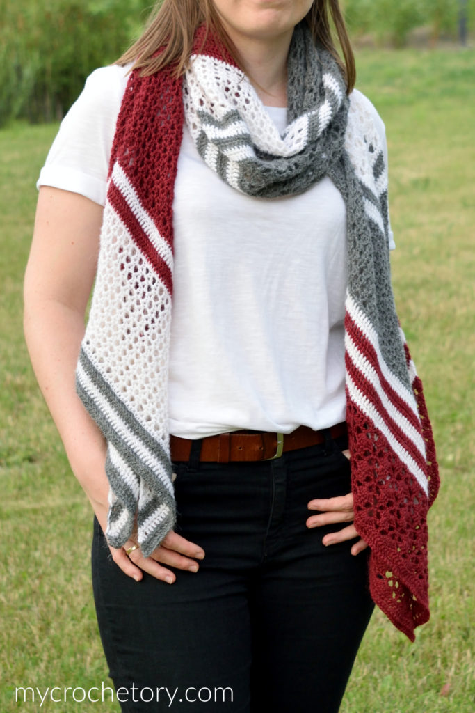 Arrow Crochet Wrap - Pointy end and V-shaped design for versatile wear. Free rectangular crochet shawl pattern.