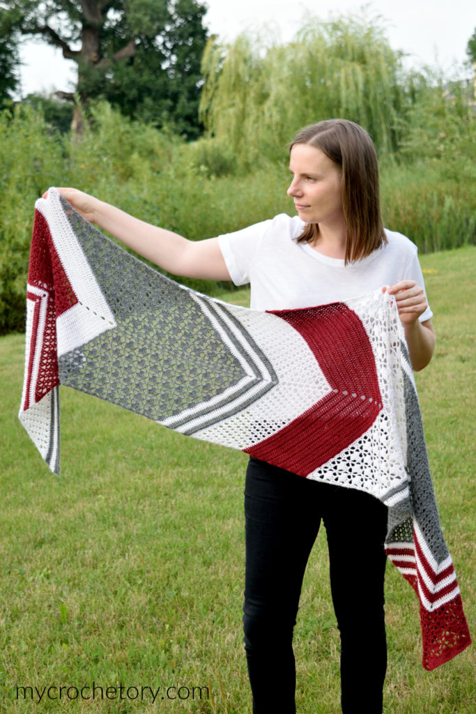 Arrow Crochet Wrap - Pointy end and V-shaped design for versatile wear. Free rectangular crochet shawl pattern.