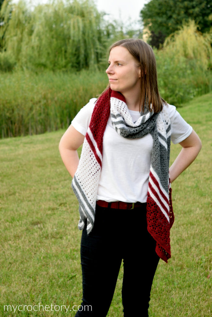 Arrow Crochet Wrap - Pointy end and V-shaped design for versatile wear. Free rectangular crochet shawl pattern.