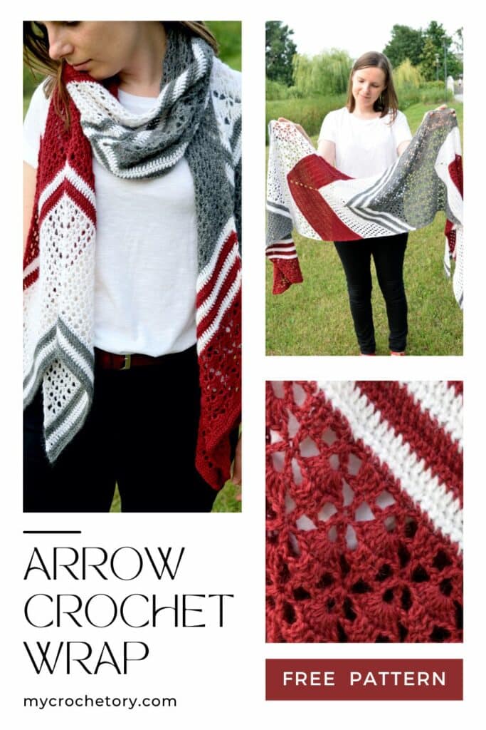 	Arrow crochet wrap free pattern pin with the red, white and gray wrap worn and a close-up of the lace