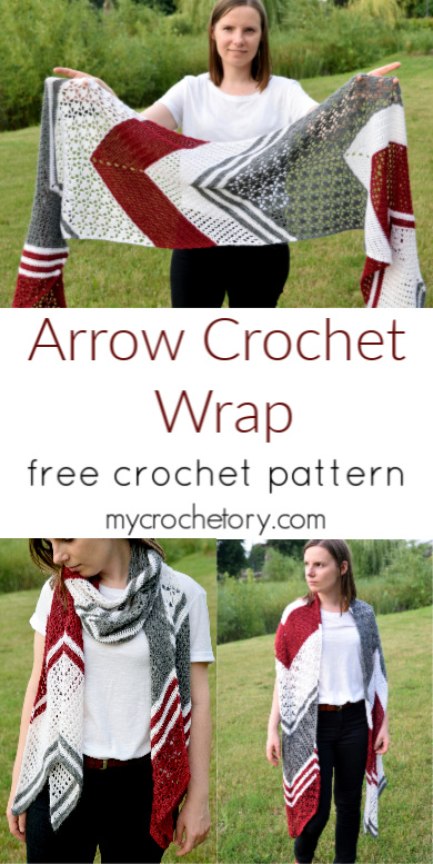 Arrow Crochet Wrap - Pointy end and V-shaped design for versatile wear. Free rectangular crochet shawl pattern.
