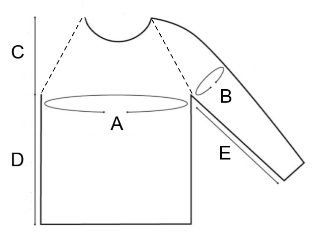 Mosaic crochet sweater schematic with measurements A to E for bust, upper sleeve, neck to underarm, hem to underarm and sleeve length