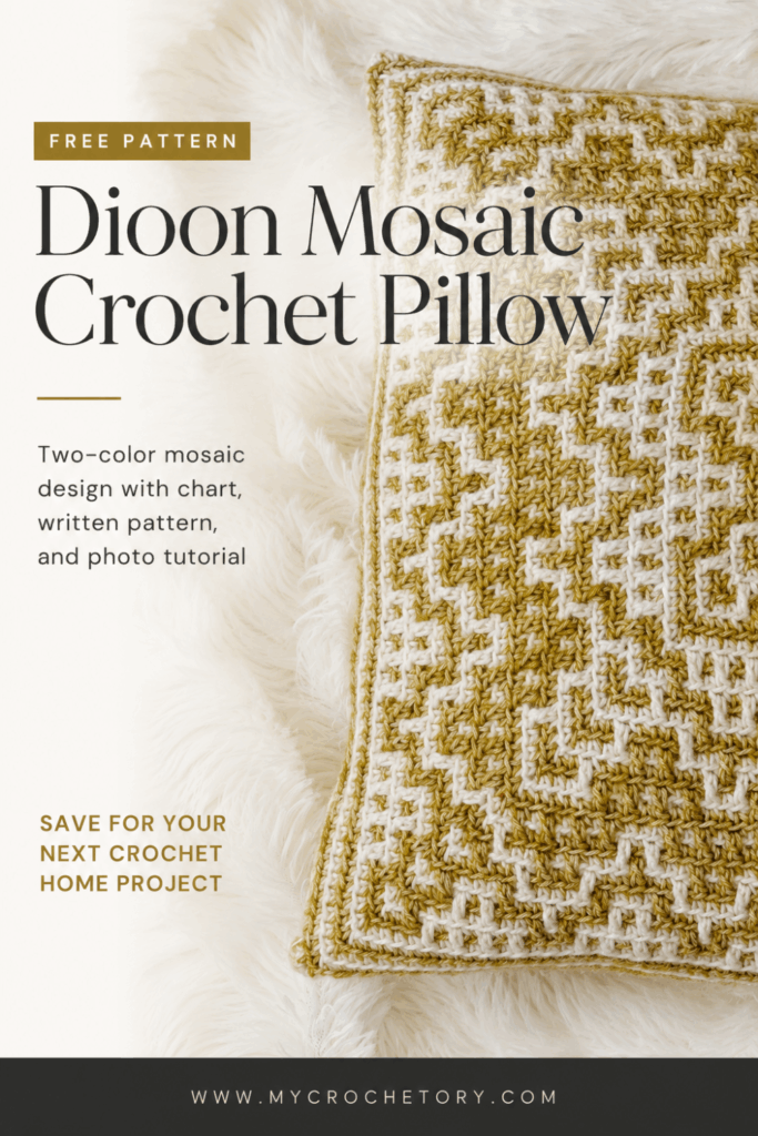 Mosaic crochet pillow pattern pin: Dioon Pillow with a two-color mosaic design, chart, written pattern and photo tutorial