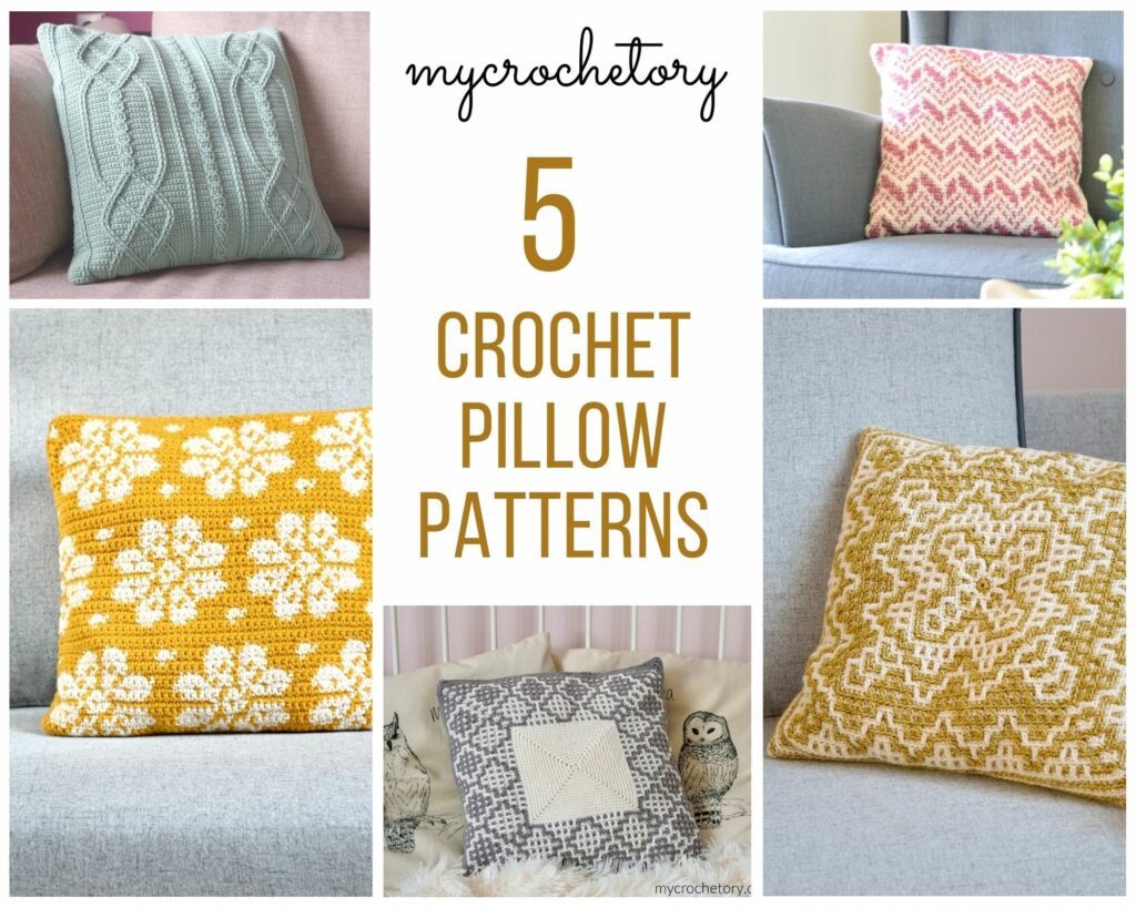Crochet pillow pattern bundle with 5 MyCrochetory pillow patterns, including the Dioon mosaic pillow