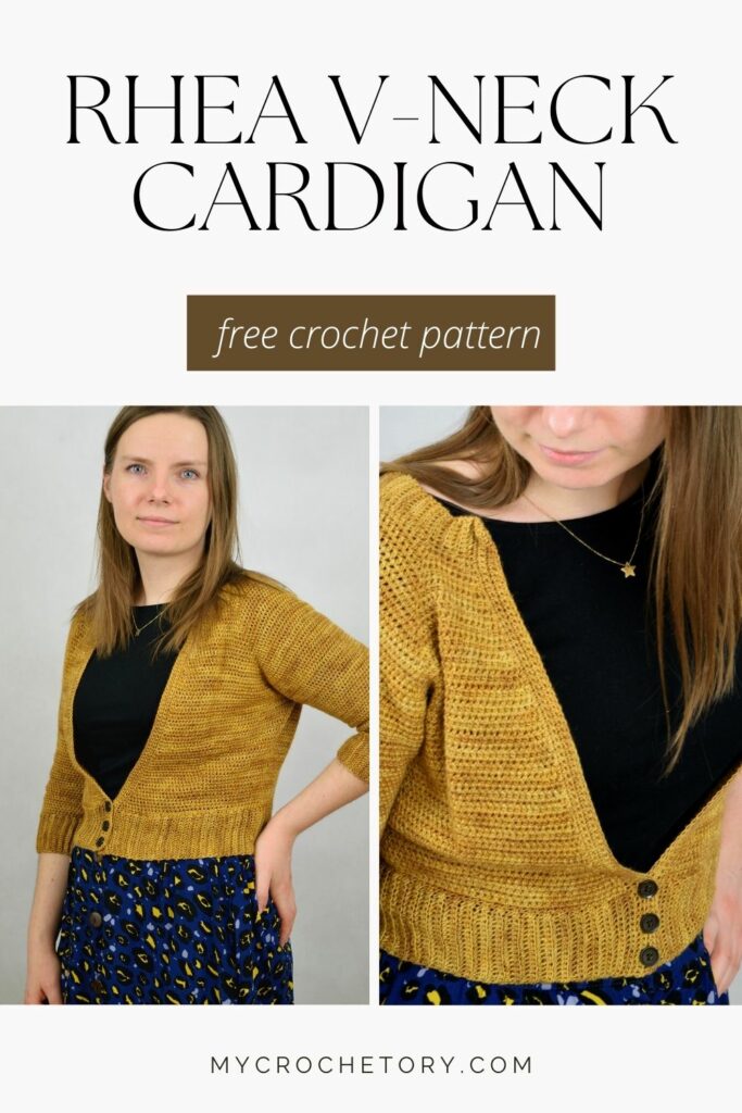 Collage of close-up views showcasing the details and fit of the Rhea V-neck cropped crochet cardigan pattern, available as a free pattern.