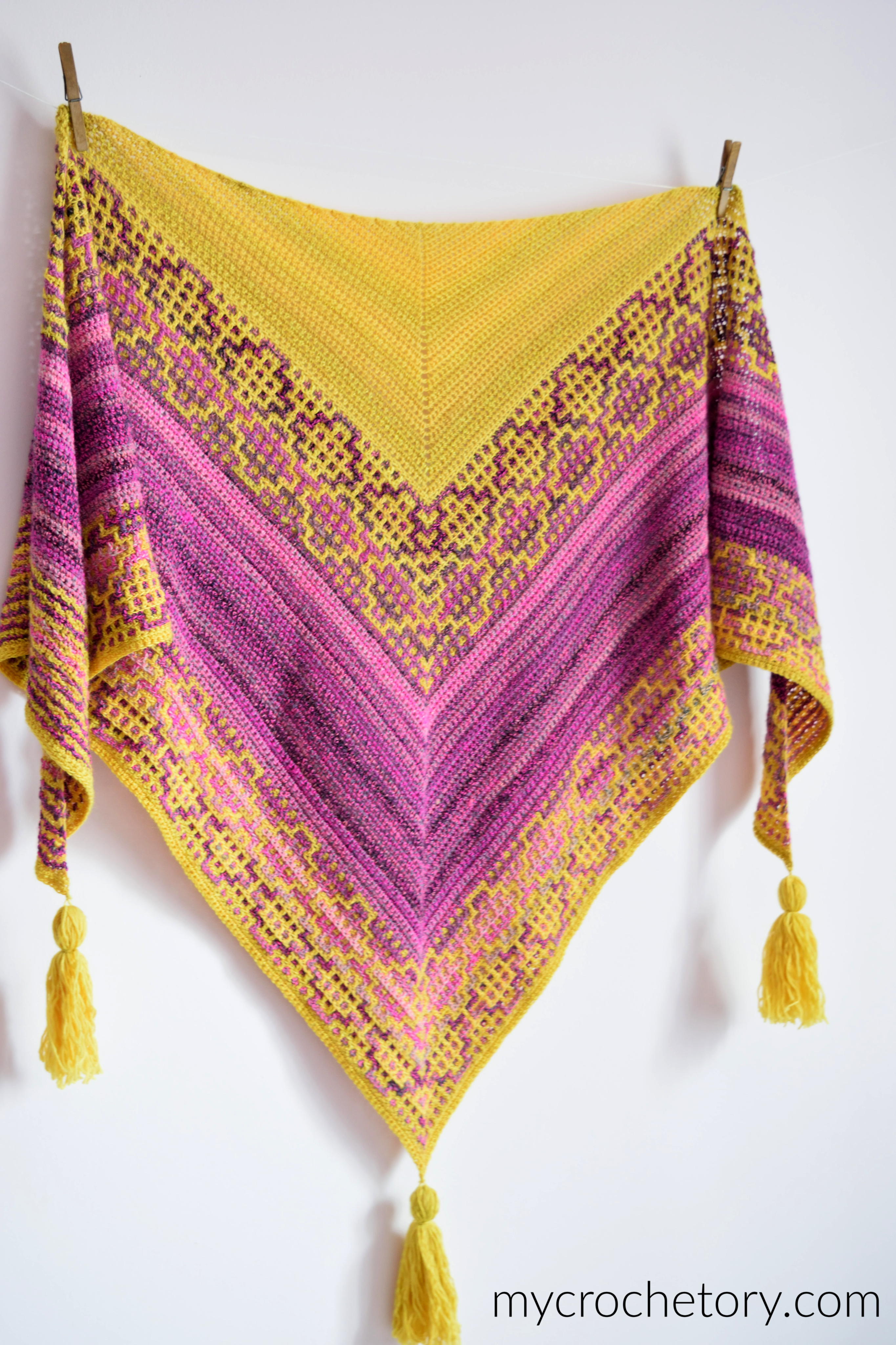 Carina Mosaic Shawl, pink and mustard mosaic crochet triangle shawl