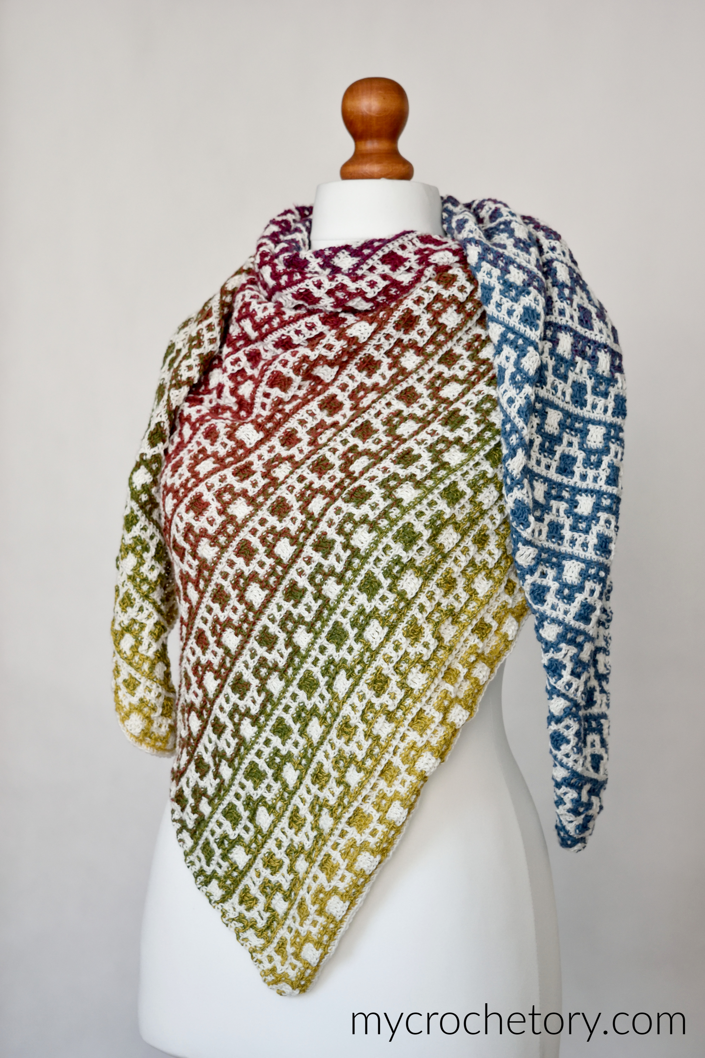 Crax Gradient Shawl, a free mosaic asymmetrical crochet shawl