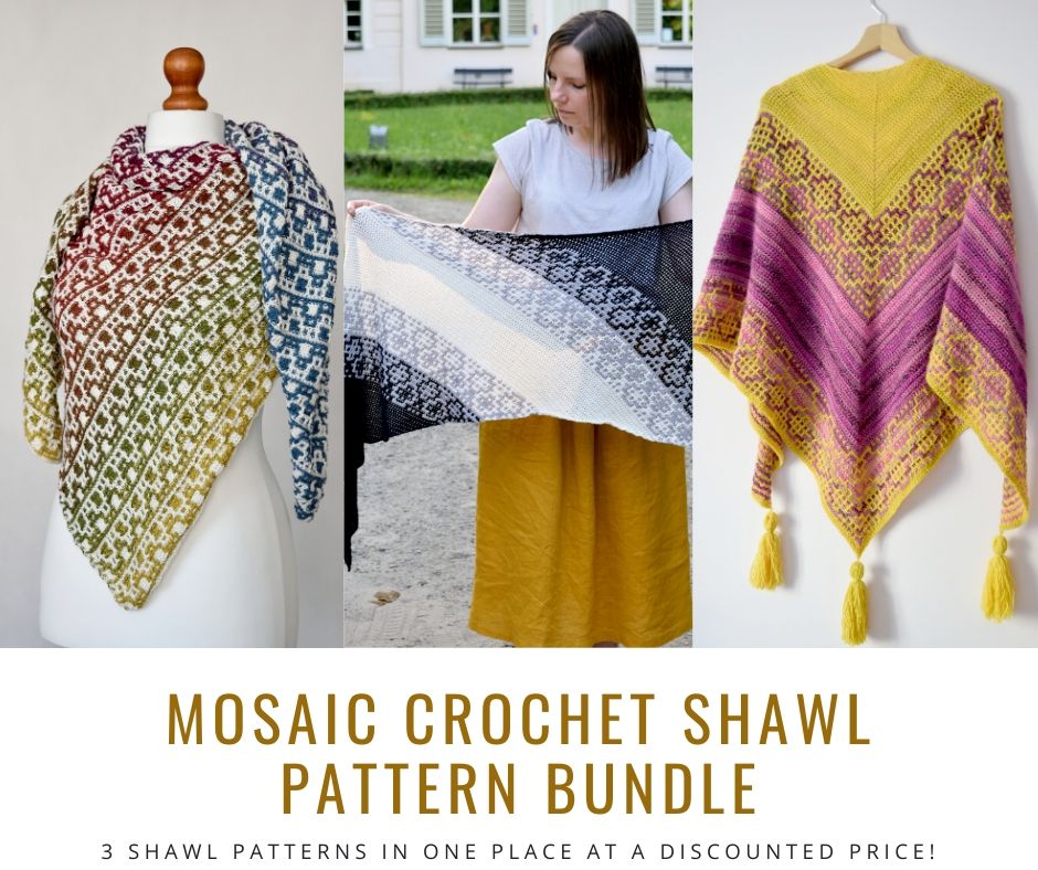 MyCrochetory Mosaic Crochet Shawl Pattern BUNDLE. 3 mosaic crochet shawl patterns in one place at a discounted price in my Etsy SHOP.