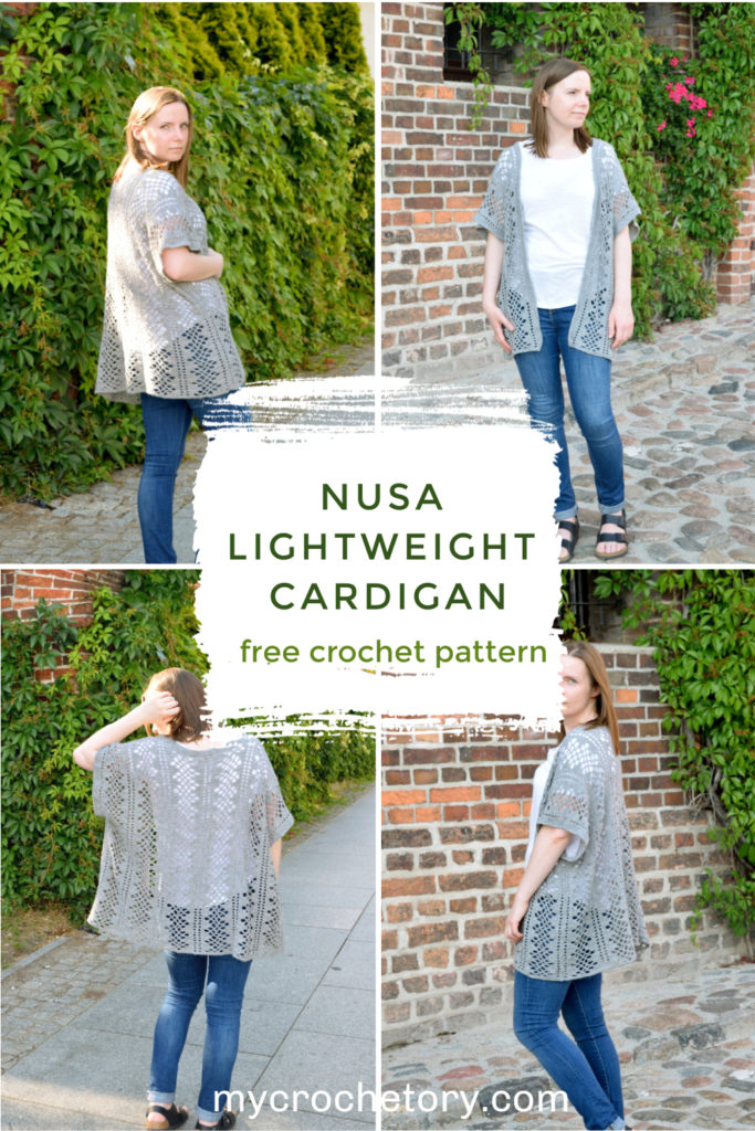 The Nusa Lightweight Crochet Cardigan pattern FREE styled with a white t-shirt and jeans, showcasing its versatility and casual charm.