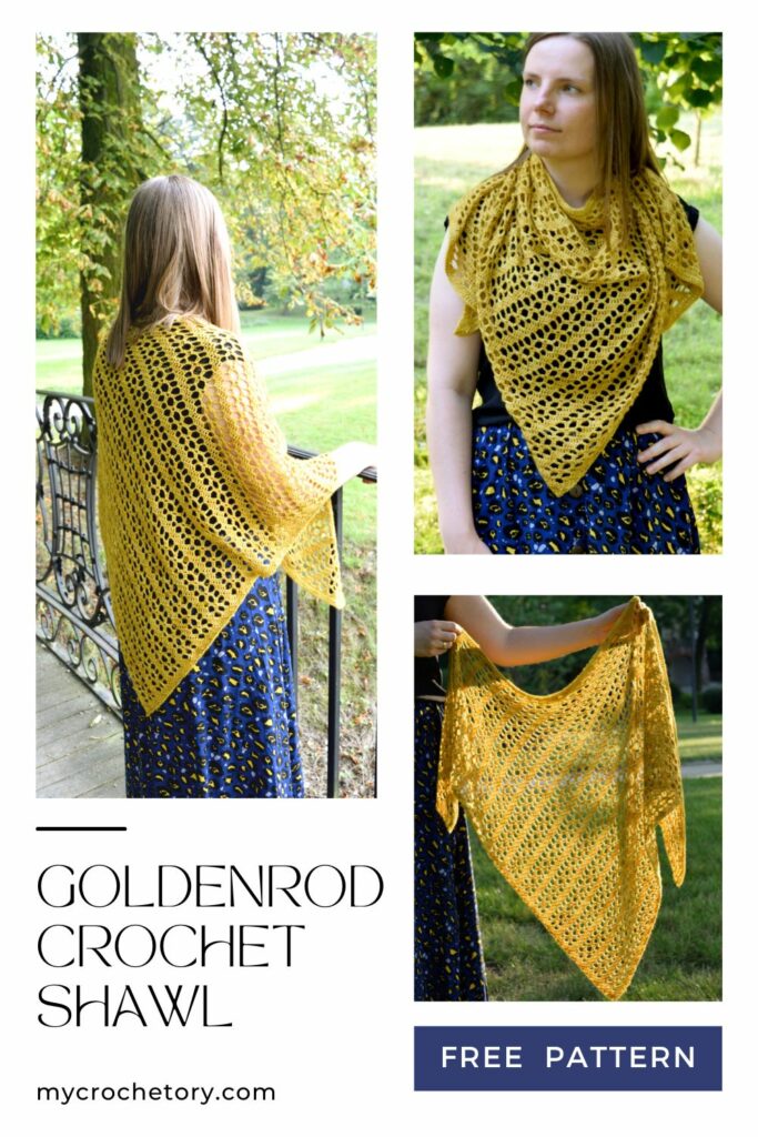 Goldenrod crochet shawl free pattern pin with the gold lace shawl worn in a park and held open