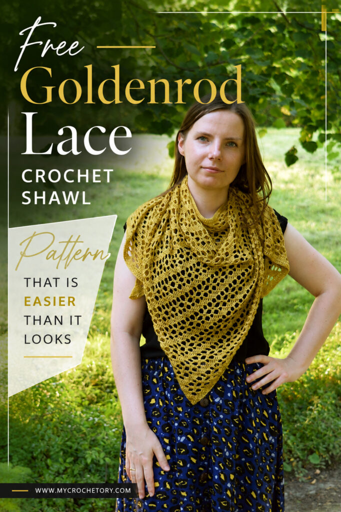 Free Goldenrod lace crochet shawl pin, a pattern that is easier than it looks, mustard shawl worn over a black top