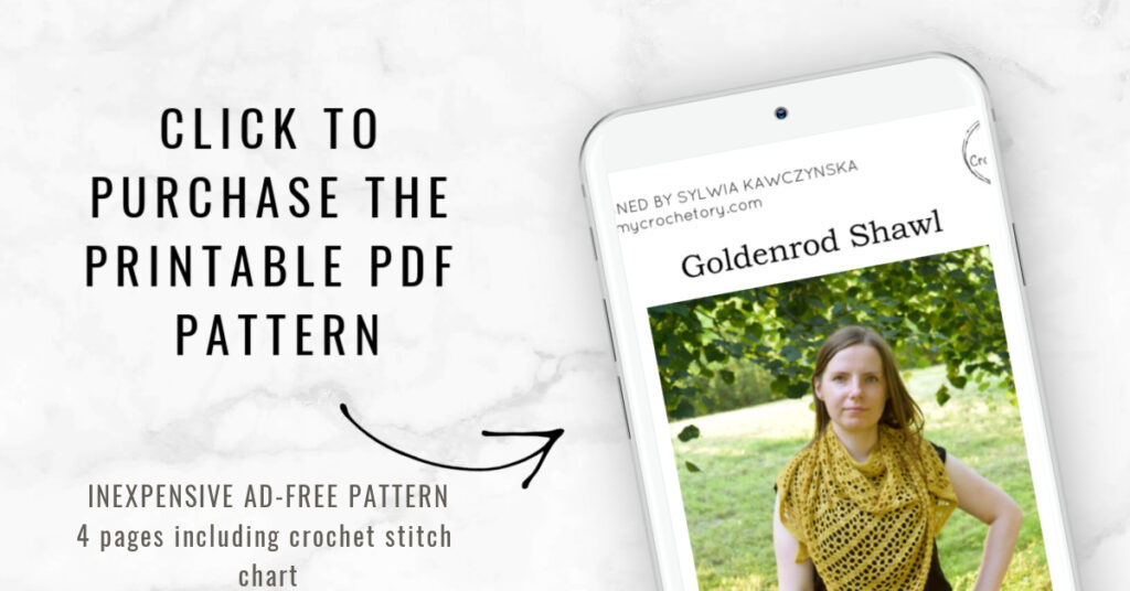 Printable crochet pattern PDF shown on a phone, button to buy the ad-free pattern