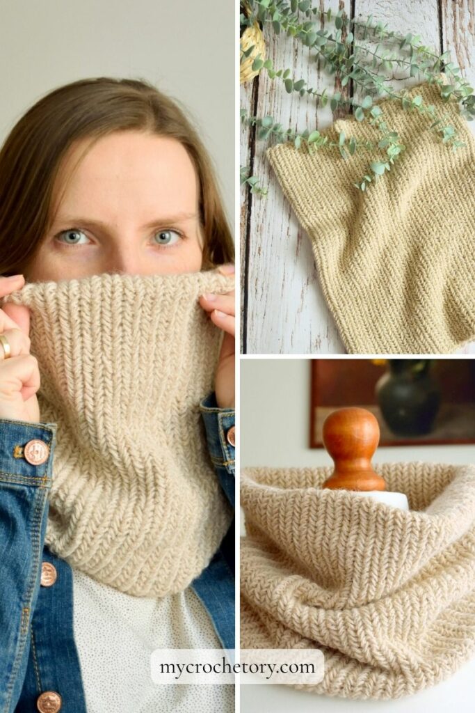 Collage of herringbone crochet cowl photos showing stitch texture and styling ideas, free crochet neck warmer pattern