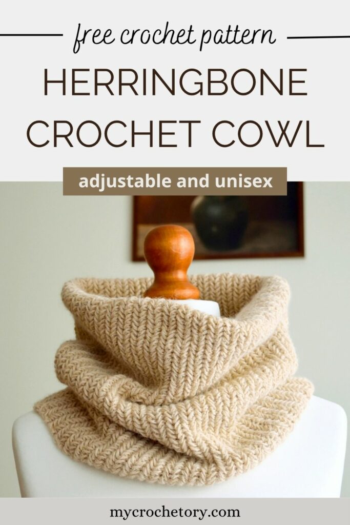 Beige herringbone crochet cowl on mannequin, modern unisex crochet neck warmer pattern